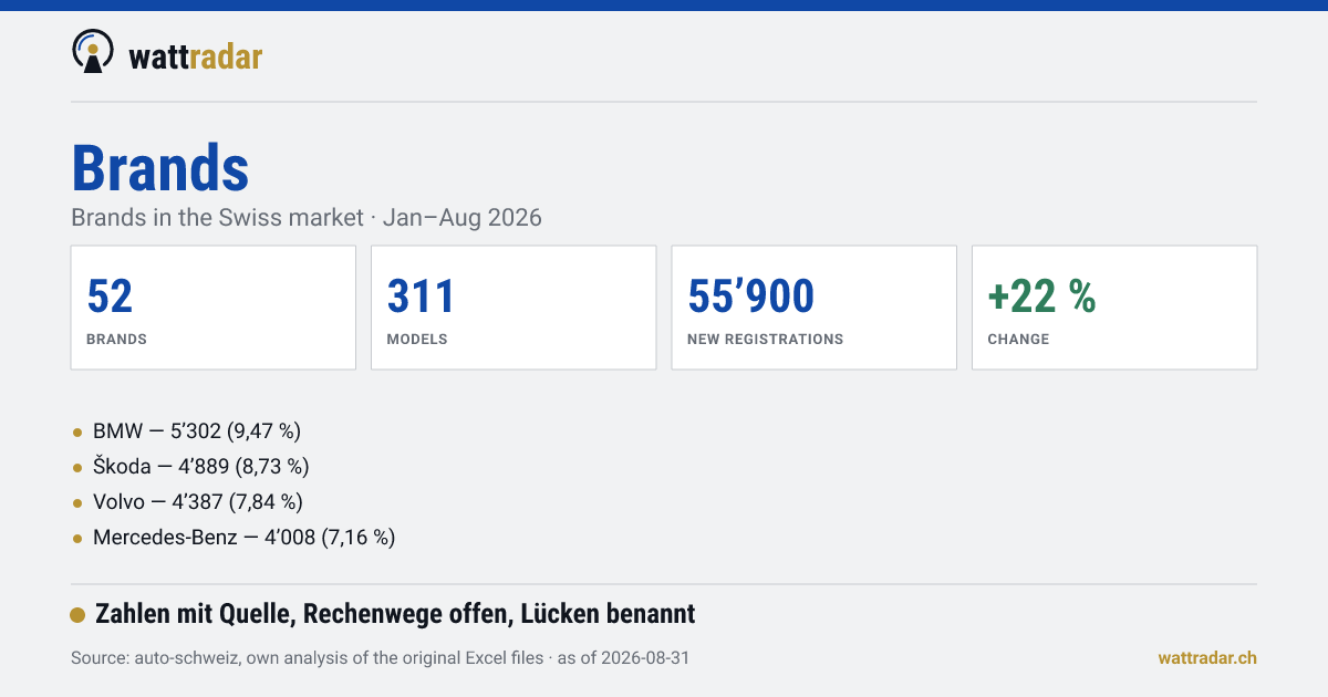 All brands with a charging port in Switzerland — Brands in the Swiss market · Jan–Aug 2026