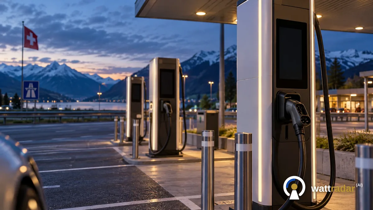 Parc de recharge rapide sur une aire d'autoroute à l'heure bleue : bornes avec la prise CCS dans son support, lac et montagnes derrière, illustration IA sans exploitant