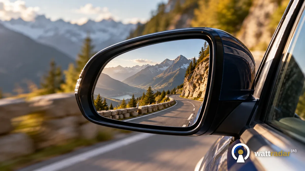 KI-Illustration · ChatGPT (OpenAI) · wattradar Im Aussenspiegel eines fahrenden Autos spiegelt sich eine Passstrasse in den Alpen mit Felswand, Steinmauer und See im Tal, KI-Illustration ohne bestimmtes Fahrzeug