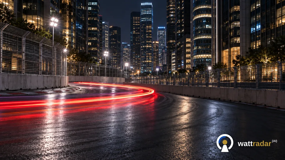 Circuit urbain de nuit entre des tours : murs en béton avec grillage, une voiture de course visible seulement comme une traînée lumineuse rouge dans le virage, illustration IA sans ville précise